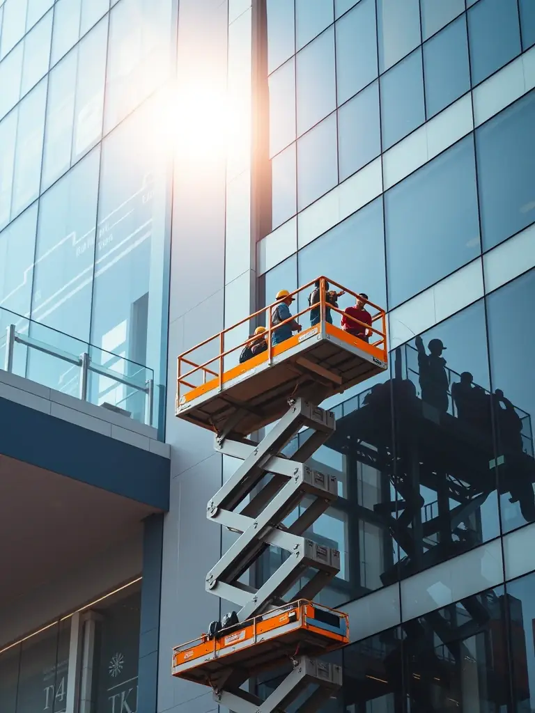 A picture of an electric scissor lift being used for facade work on a commercial building in Bangalore, demonstrating its stability and platform capacity.